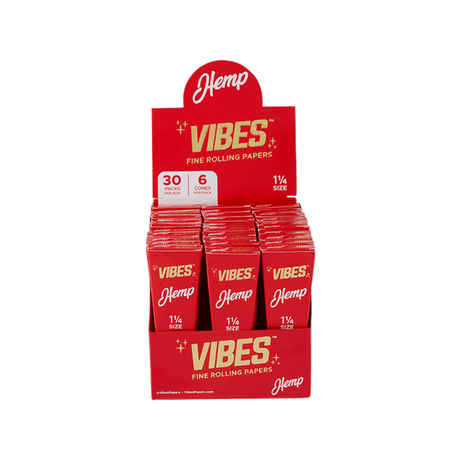 Vibes Hemp Cones Box - 1.25" Red Pack Front View with 6 Cones Per Pack for Dry Herbs