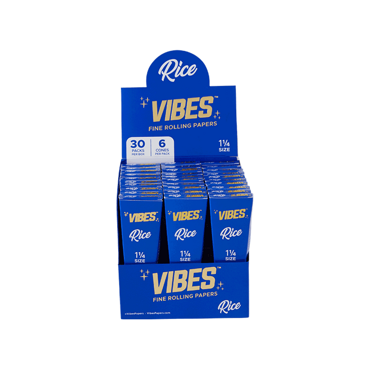 Vibes Rice 1.25" Cone Rolling Papers 180pk Box in Blue, Front View, Portable and Compact
