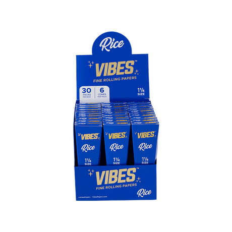 Vibes Rice 1.25" Cone Rolling Papers 180pk Box in Blue, Front View, Portable and Compact
