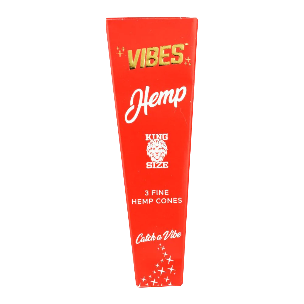 VIBES King Size Hemp Cones 30-Pack, orange package front view on striped background