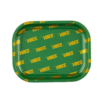 VIBES Signature Metal Rolling Tray in Green, Large Size 13" x 11", top view on white background