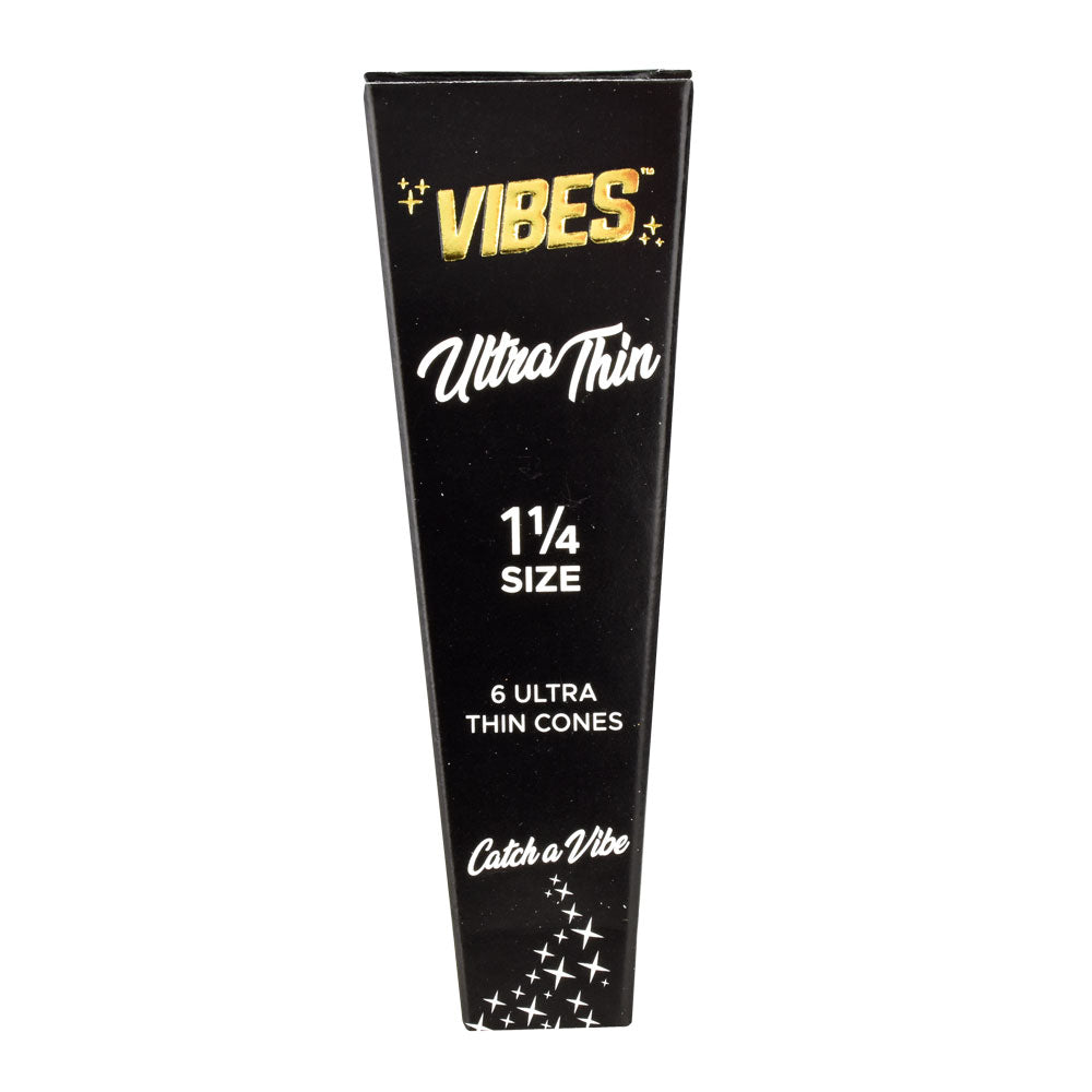 VIBES Ultra Thin Cones 1 1/4" Size - Front View of Black Pack with 6 Cones for Dry Herbs