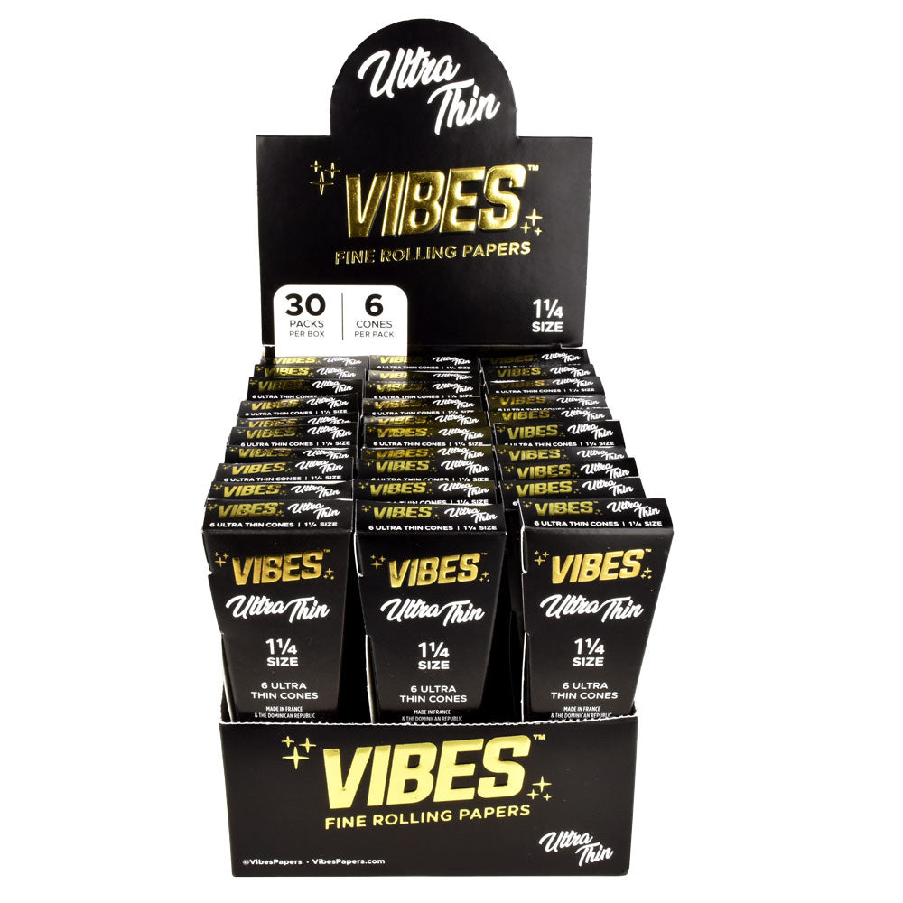 VIBES Ultra Thin Cones display box with 1 1/4" size unbleached rolling papers for dry herbs