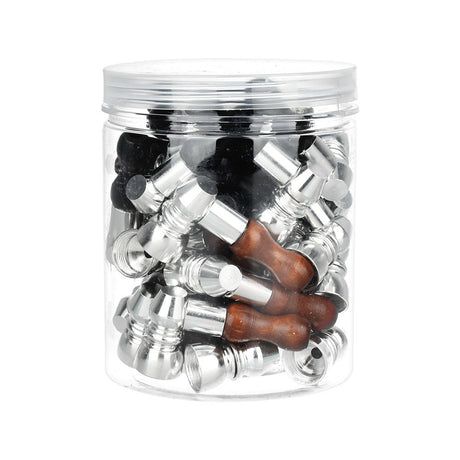 Clear jar filled with Vibrant Mini Metal Hand Pipes with Wooden Mouthpieces - 2" size