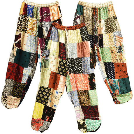 Colorful Rayon Patchwork Harem Pants, 36" Length, Multicolor, Front View