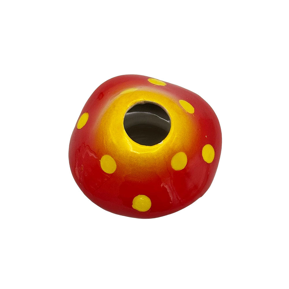 Vibrant Spotted Mushroom Ceramic Shot Glass, 2oz Capacity, Top View on White Background