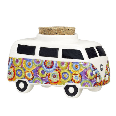 Vintage Hippie Bus Ceramic Stash Jar with Groovy Circles pattern, side view on a white background