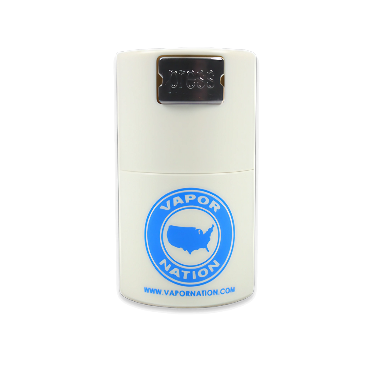 VN Tightvac Container front view, white and blue, portable, airtight seal, for dry herbs