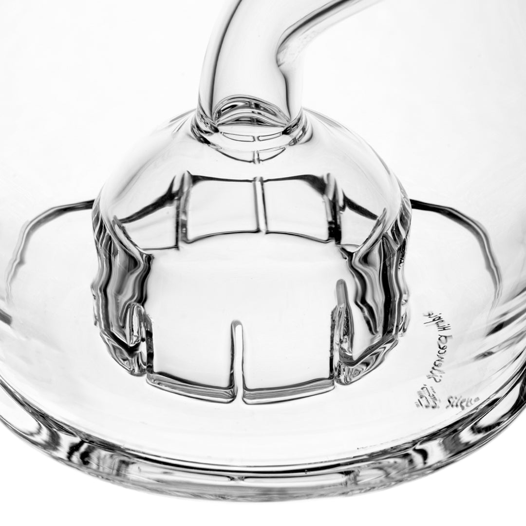 Close-up view of MJ Arsenal The Plasma Core Rig's female joint and borosilicate glass