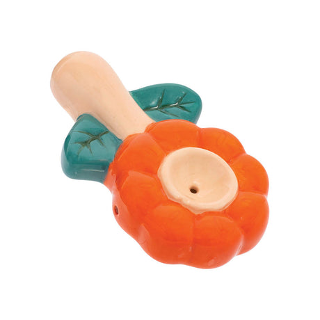 Wacky Bowlz Flower Ceramic Pipe in Orange with Green Leaves, Top View