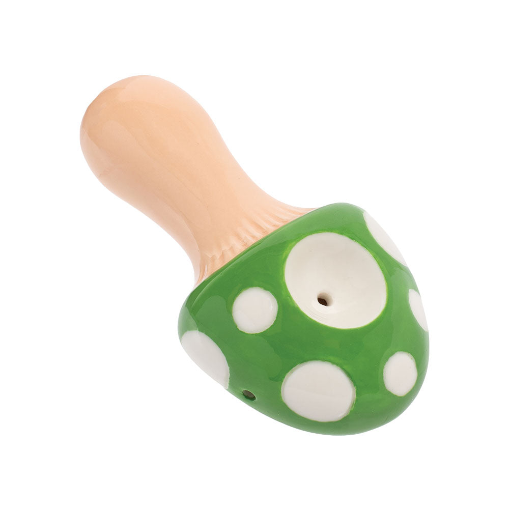 Green Wacky Bowlz Mushroom Ceramic Pipe with a deep bowl, top view on white background