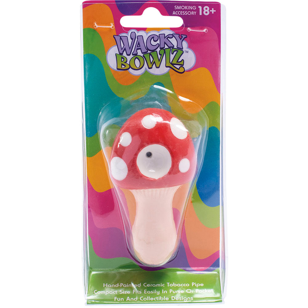 Wacky Bowlz Mushroom Ceramic Pipe in packaging, vibrant mushroom design, collectible hand pipe