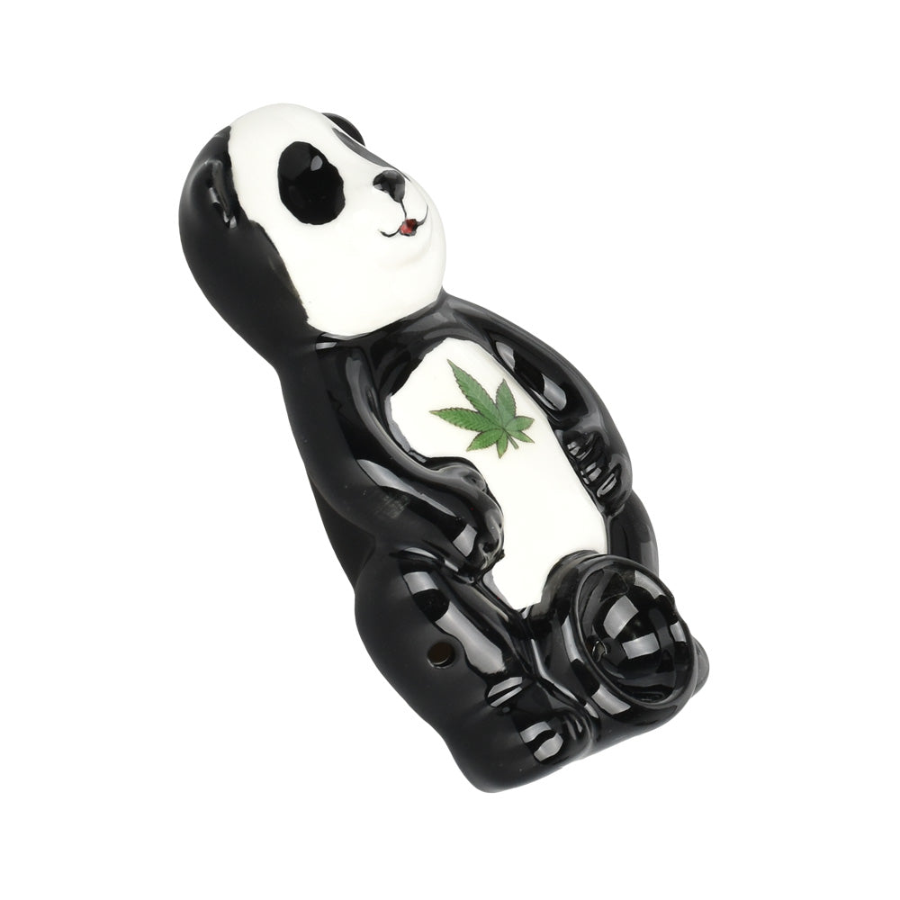 Wacky Bowlz Panda Ceramic Hand Pipe with Green Leaf Design - Angled View