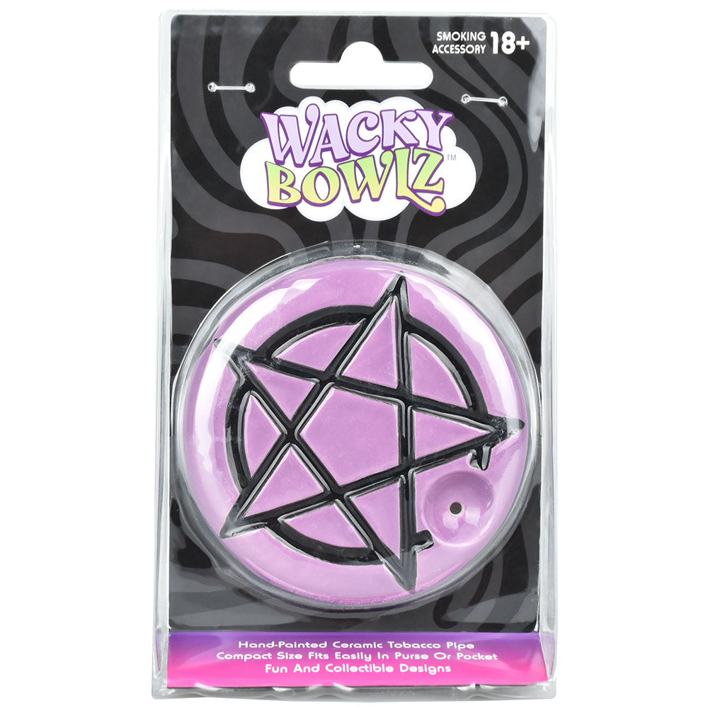 Wacky Bowlz Pentagram Ceramic Hand Pipe in packaging, front view, with swirling background
