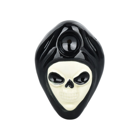 Wacky Bowlz Reaper Ceramic Hand Pipe, black and white, front view, compact design for dry herbs