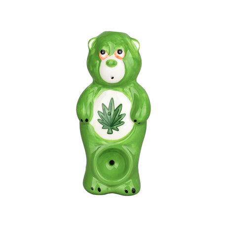 Wacky Bowlz Stoner Bear Ceramic Hand Pipe, green with leaf design, front view, compact and portable