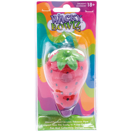 Wacky Bowlz Strawberry Ceramic Hand Pipe, red with green leaf detail, front view in packaging