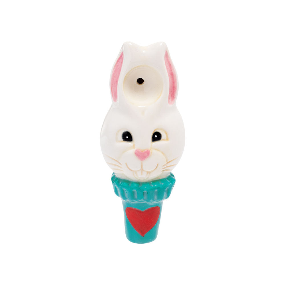 Wacky Bowlz White Rabbit Ceramic Hand Pipe front view, compact design for dry herbs, novelty gift.