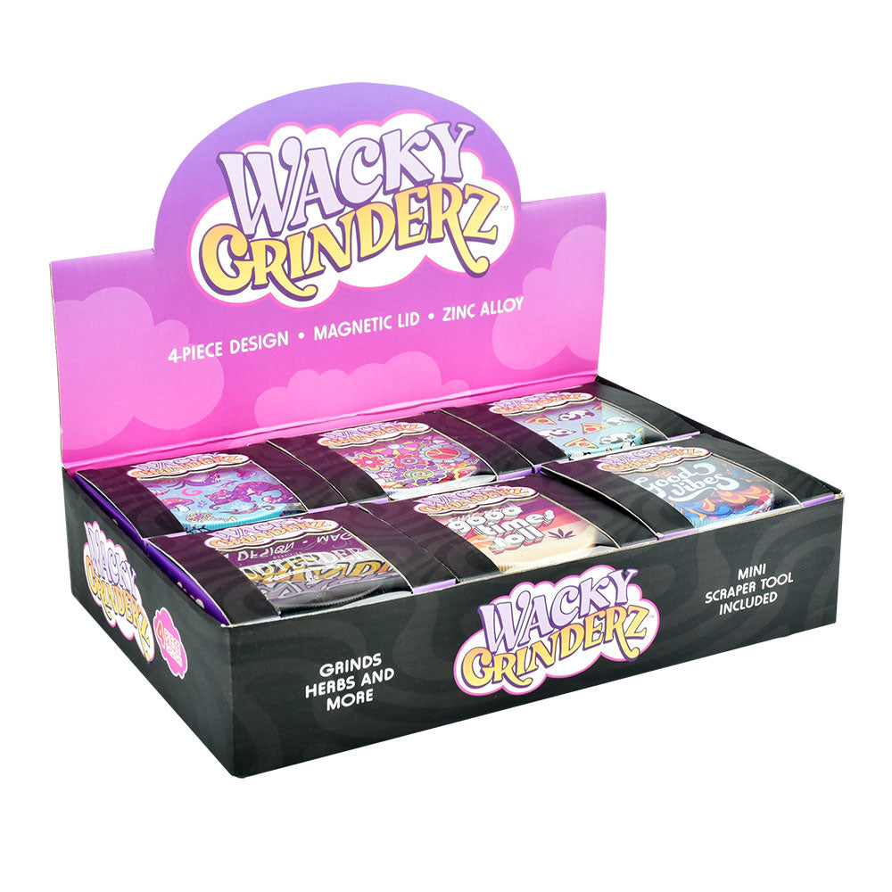 Wacky Grinderz 4pc Metal Herb Grinders, 2.5" Assorted Designs, 6pc Display Box Front View