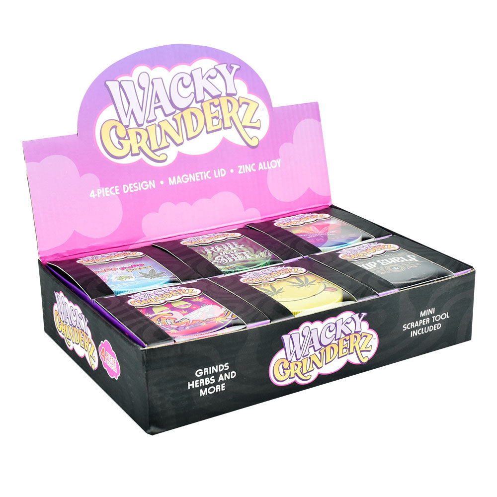 Wacky Grinderz 4pc Metal Herb Grinders, 2.5" Diameter, Assorted Designs Display Box