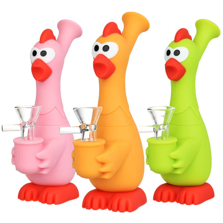 Eyce What The Cluck Silicone Water Pipes in pink, orange, and green with 14mm Female Joint