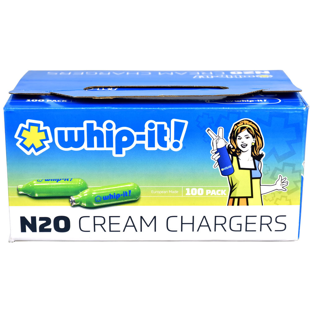 Whip-It! N2O Cream Chargers 100 Pack, front view on seamless white background