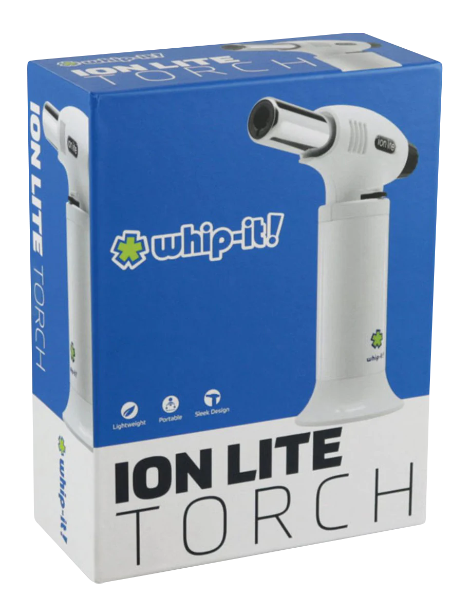Whip-it! Ion Lite Torch Lighter in white, portable and lightweight design, displayed with box
