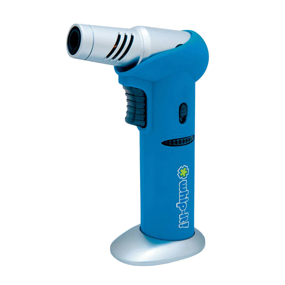 Whip-it! Tilt Torch Lighter in Blue - Front View on Stand, Portable Design for Dab Rigs