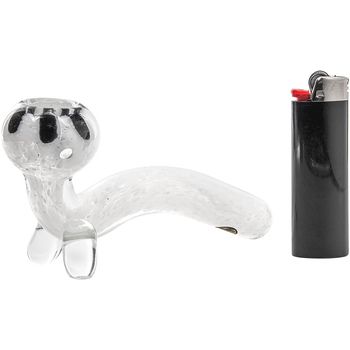 LA Pipes White Fritted Sherlock Hand Pipe with Black Daisy Bowl next to Lighter