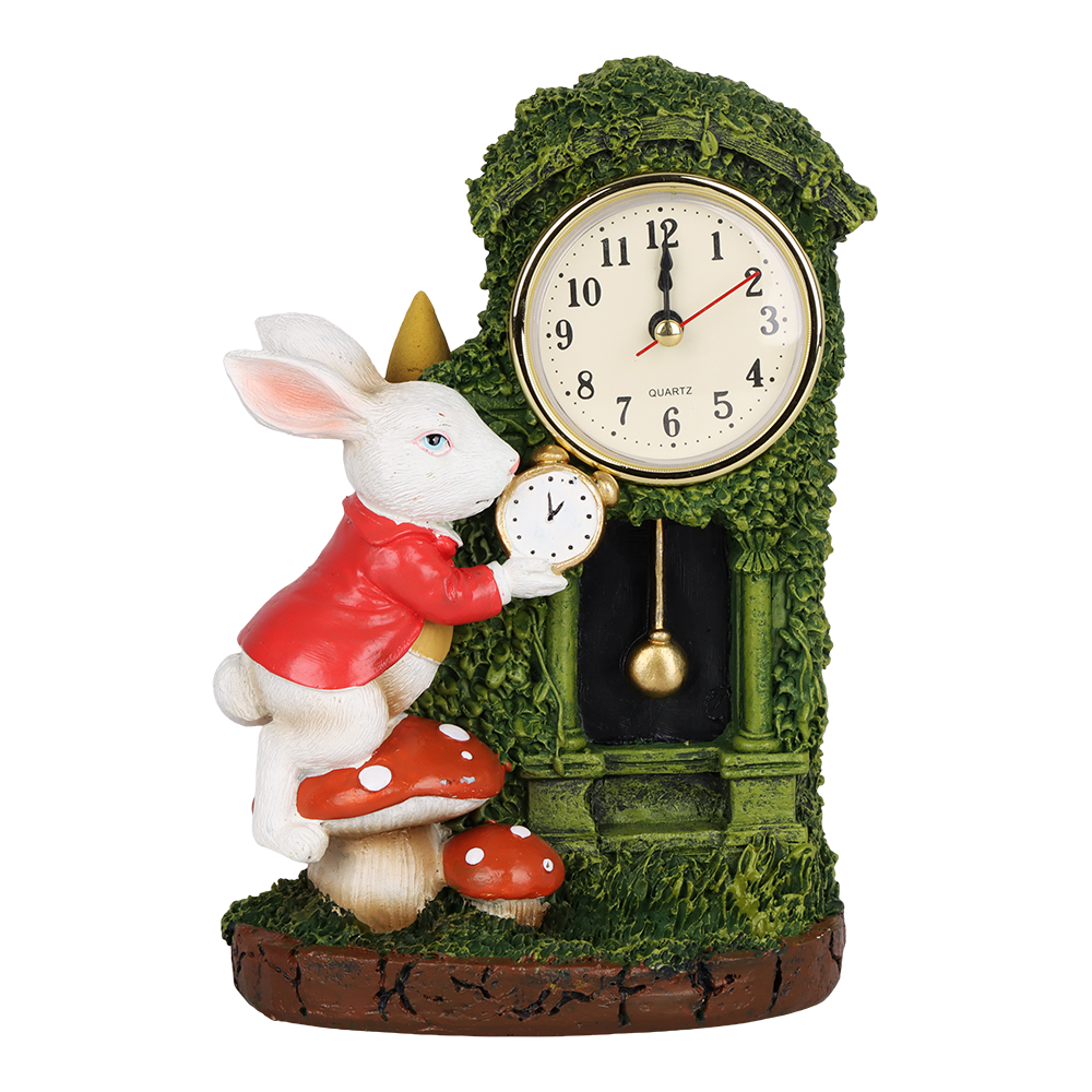 White Rabbit Clock polyresin backflow incense burner 7.5 inch with a functional built-in clock