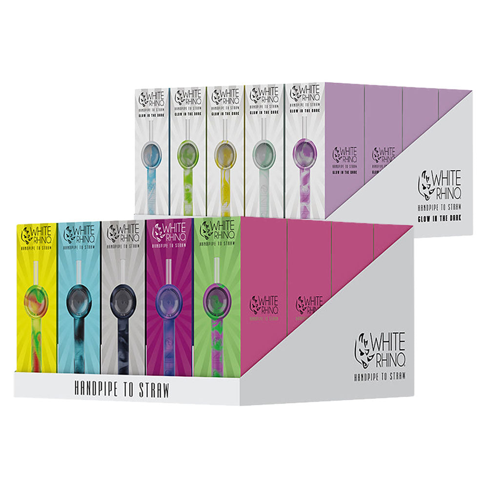 White Rhino 2-in-1 Hand Pipes Display with Assorted Colors, Portable Spoon Design, Front View