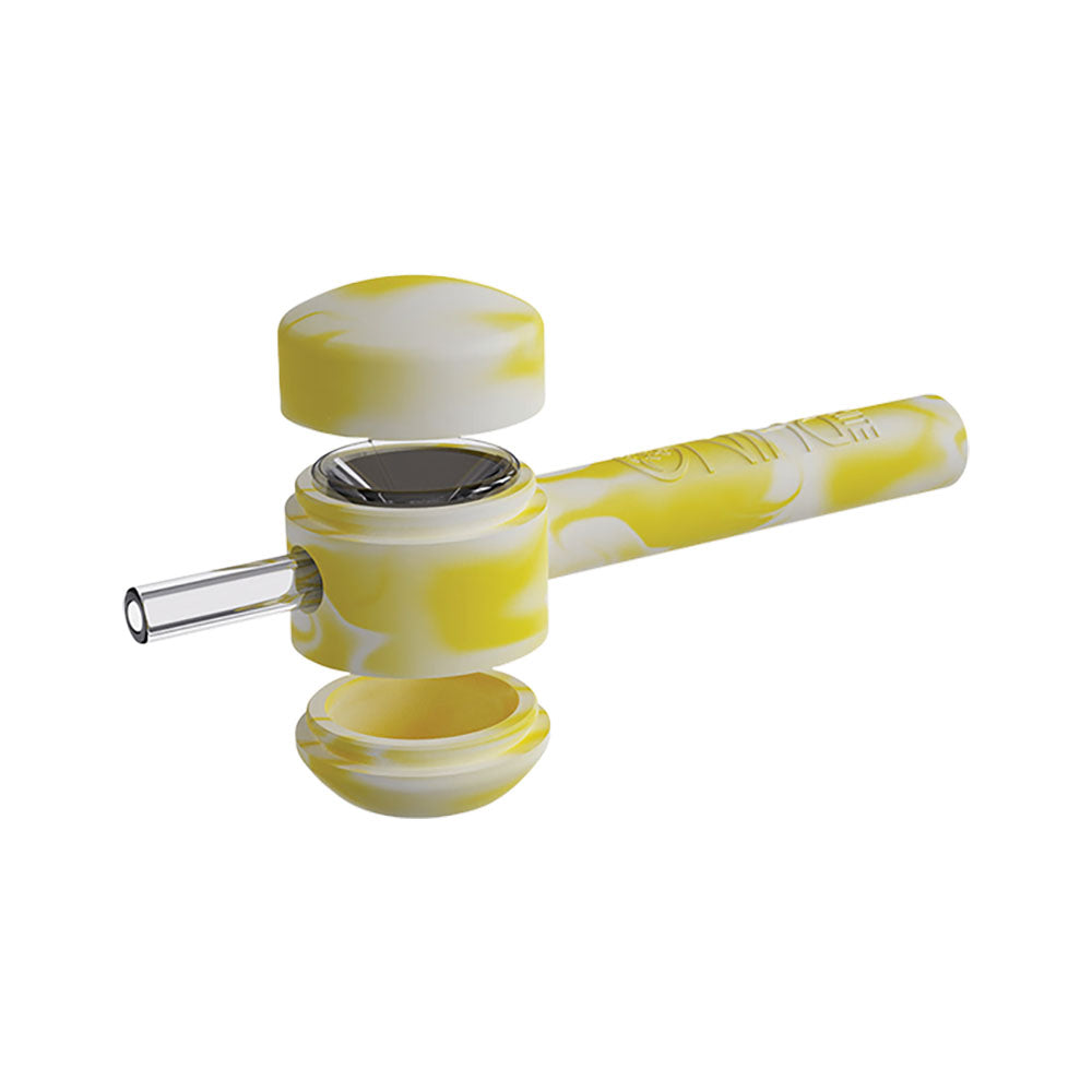 White Rhino 2-in-1 Silicone Hand Pipe in Yellow Swirl, Portable with Glass Bowl - Side View