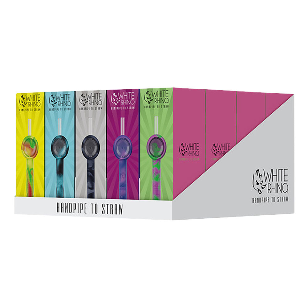 White Rhino 2-in-1 Hand Pipes display box with assorted colors, portable design, ideal for dry herbs and concentrates.