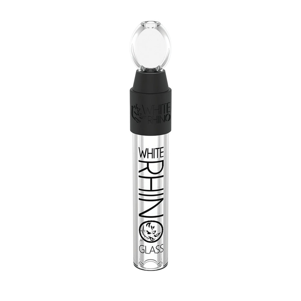 White Rhino Glass Blunt for Dry Herbs, 3.75" Compact Size, Black and Clear Borosilicate Glass, Front View