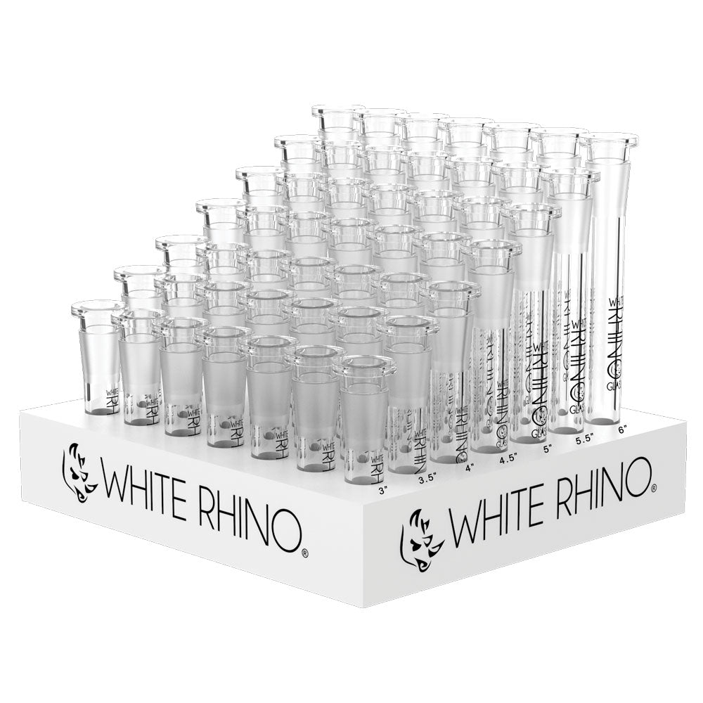 White Rhino Glass Downstems display with 49 clear borosilicate pieces in assorted sizes for bongs