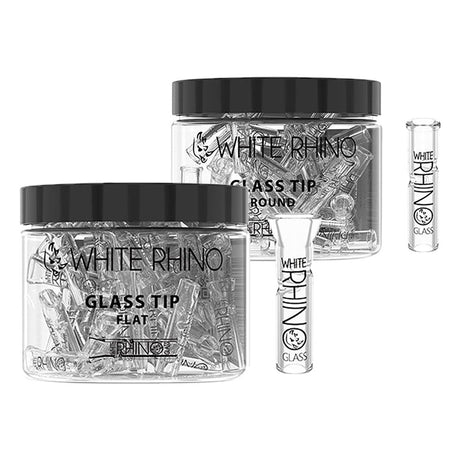 White Rhino Glass Tip 50pc Jar, clear borosilicate glass rolling tips, portable and compact design