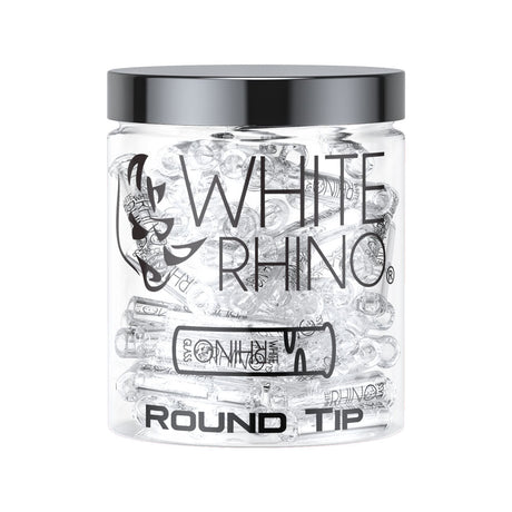 White Rhino Glass Tips display jar with 100 clear 9mm round tips for rolling, compact and portable design