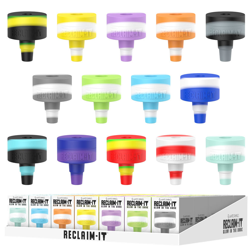 Assorted White Rhino Reclaim-It Adapters in 14/19mm sizes, glow in the dark, displayed in 35pc set