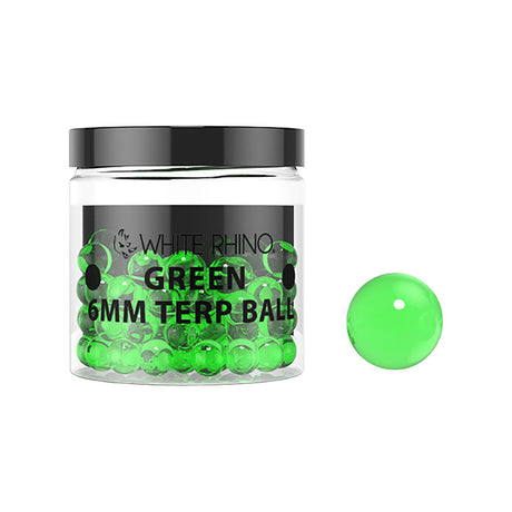 White Rhino Green 6mm Terp Balls in a 50pc Jar, perfect for dab rig concentrate enhancement