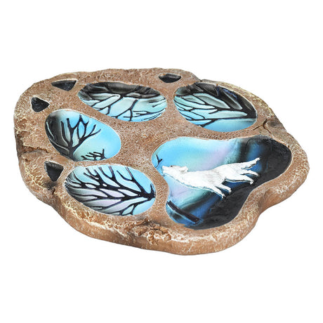 White Wolf Landscape Paw Print Incense Burner, 5"x6", compact polyresin with nature design