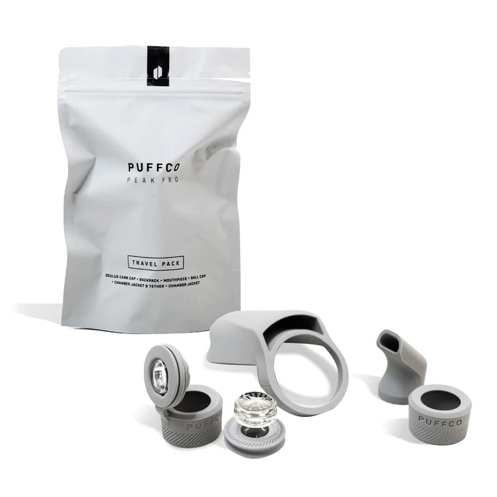 Puffco Peak Pro Travel Pack for Vaporizers, Silicone Accessories Displayed on White Background
