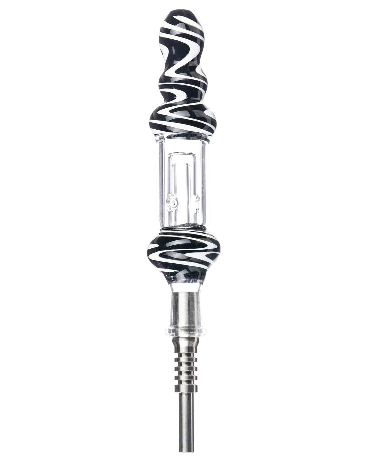 6" Wig Wag Glass Nectar Collector with black and white swirl design, front view, portable and compact