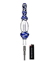 Valiant Distribution Wig Wag Glass Nectar Collector in blue and black, front view with titanium tip and lighter