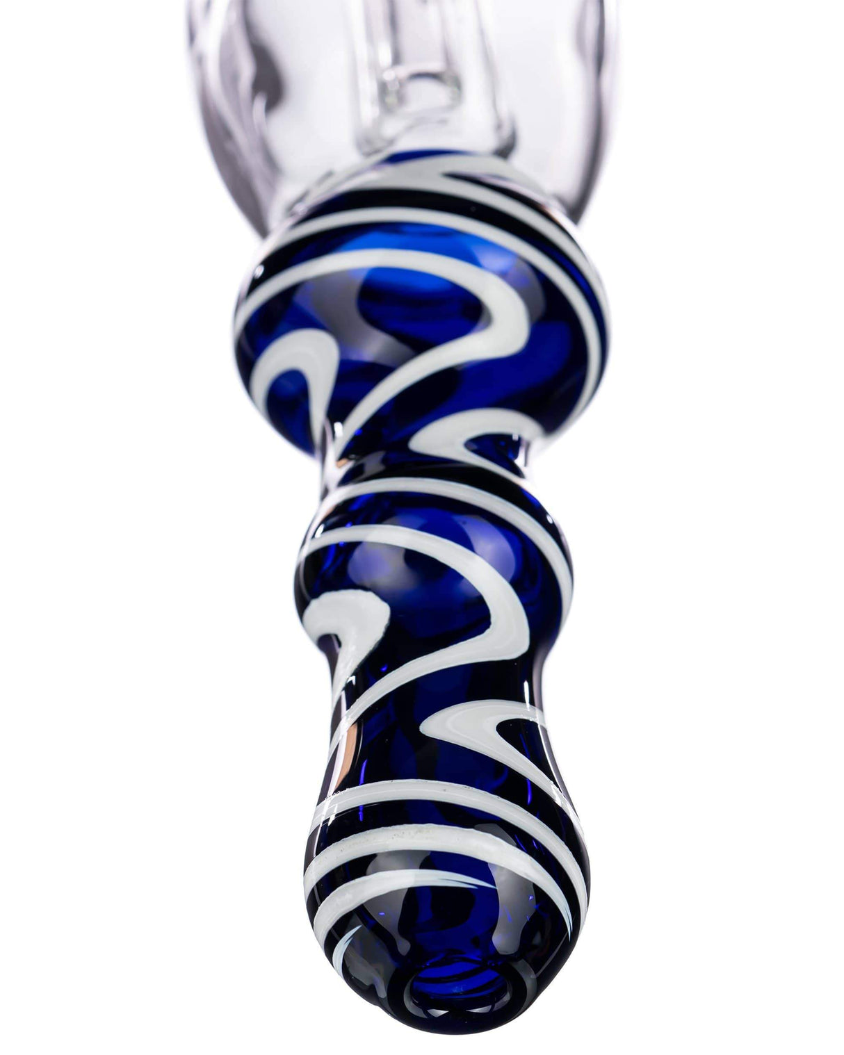 Close-up of Valiant Distribution Wig Wag Glass Nectar Collector with blue and white swirl design