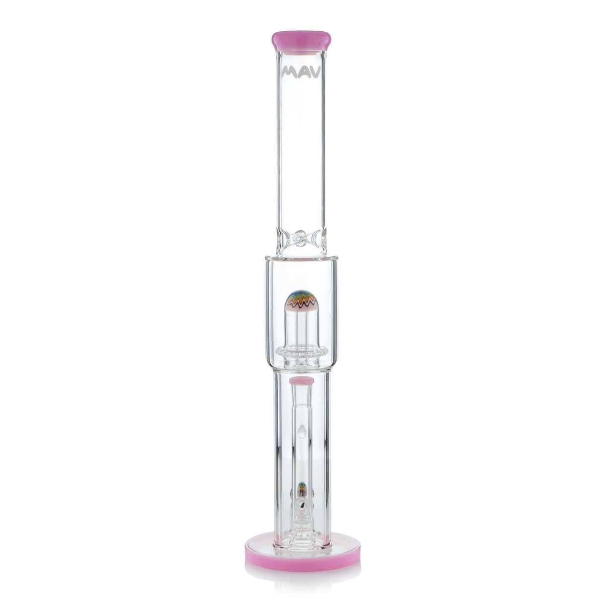 MAV Glass 18" Straight Tube Bong with Pink Accents, Double UFO Perc & Ice Pinch