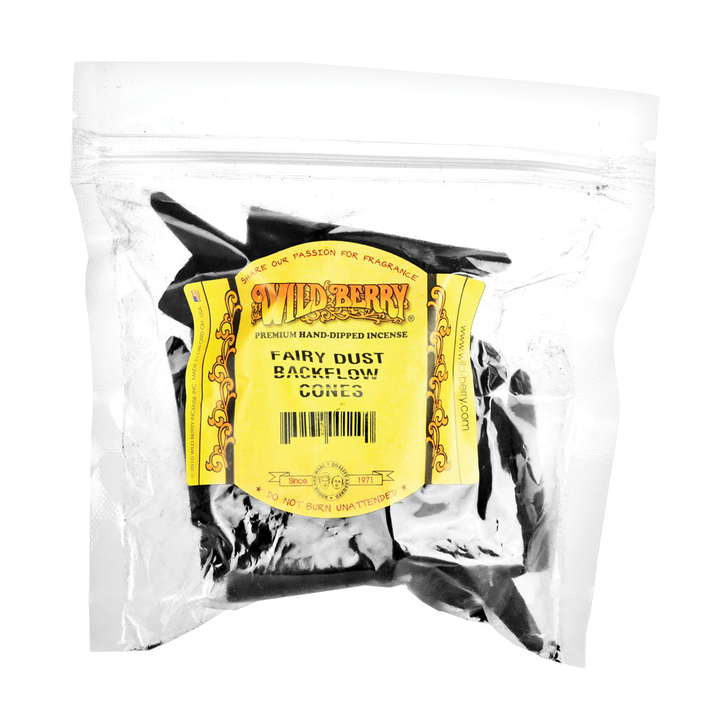 Wild Berry Backflow Cone Incense pack, Fairy Dust scent, 25 black cones in resealable bag