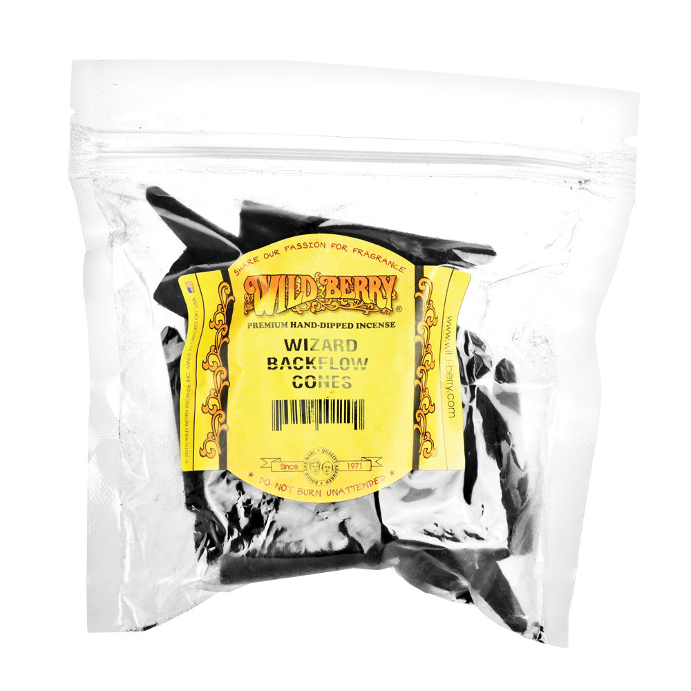 Wild Berry Backflow Cone Incense 25 Pack in resealable bag, front view on white background