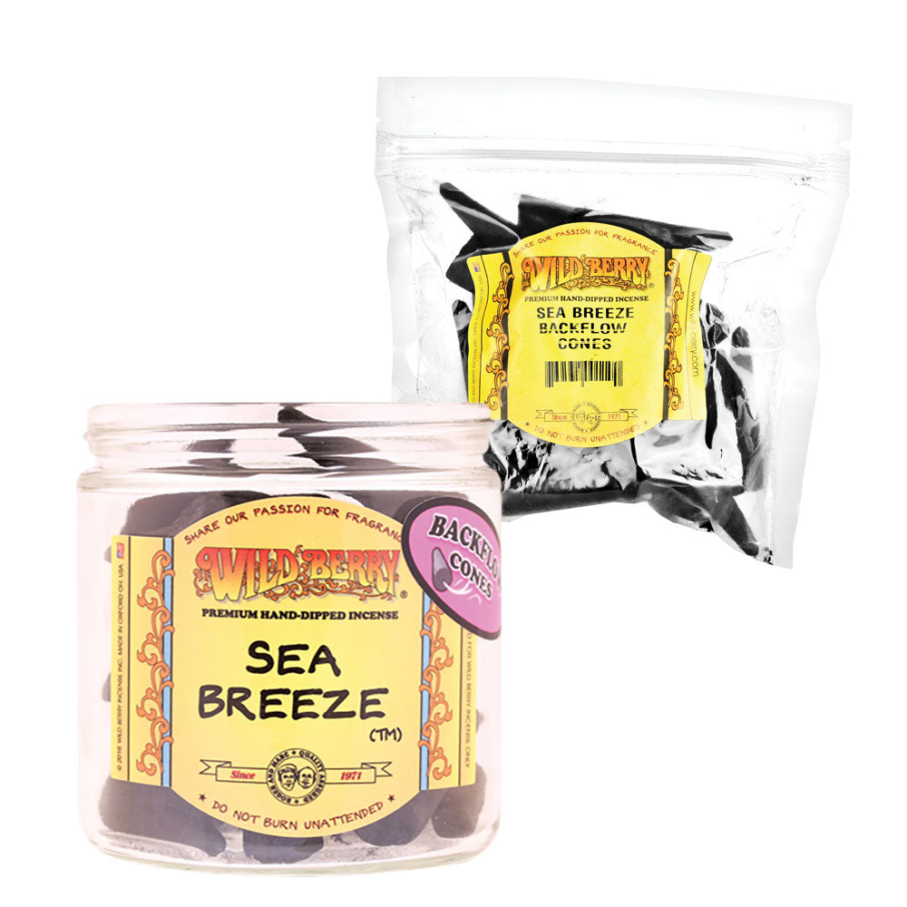 Wild Berry Sea Breeze Backflow Incense Kit, 50pc, with black closable pouch, front view on white
