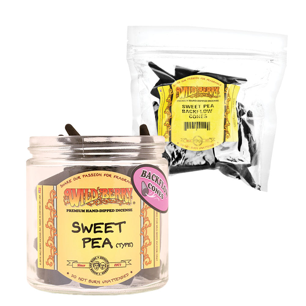 Wild Berry Sweet Pea Backflow Incense Kit with 50 black cones, front view on white background