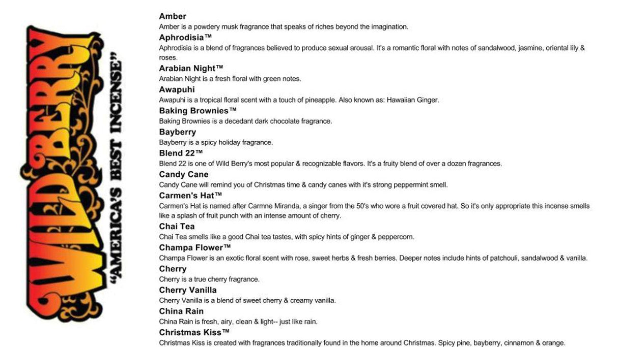 Wild Berry Biggies Incense Sticks variety list on white background, showcasing different scents